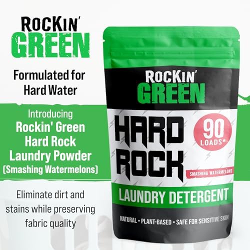 Rockin' Green Hard Rock Laundry Detergent for Hard Water (90 Loads), Plant based, Natural Laundry Detergent Powder, Biodegradable Odor Fighter, Safe for Sensitive Skin, 45 oz (Smashing Watermelons)