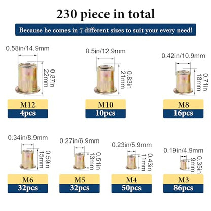 Metric Rivet Nut Assortment Kit(230 Pcs), M3 M4 M5 M6 M8 M10 M12 Flat Head Rivnut Set,Zinc Plated Finish Carbon Steel Nutsert