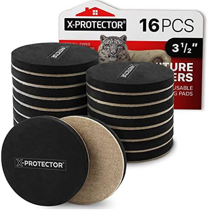 Felt Furniture Sliders Hardwood Floors X-PROTECTOR – 16 PCS 3 1/2" Furniture Sliders – Heavy Duty Felt Sliders Hard Surfaces – Move Your Furniture Easily & Safely!