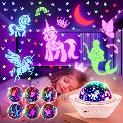 One Fire Unicorns Gifts for Girls Toys, 6 Films Unicorn Night Light Projector for Bedroom,Rechargeable Night Light for Girls Gifts,360° Rotating Butterfly Lamp,Unicorn Toys Mermaid Toys Princess Gifts