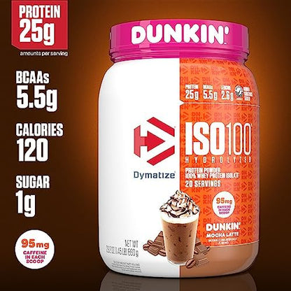 Dymatize x Dunkin' Mocha Latte ISO100 Whey Protein Powder, 95mg Caffeine, 25g of Protein, 20 Servings, 5.5g BCAAs, 120 Cal., Gluten Free, 1g Fat, 1g Sugar, 3g Carb