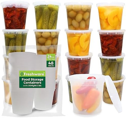 Freshware Food Storage Containers 24 oz Plastic Deli Containers with Lids, Slime, Soup, Meal Prep Containers, BPA Free, Stackable, Leakproof, Microwave/Dishwasher/Freezer Safe, 48 count (pack of 1)