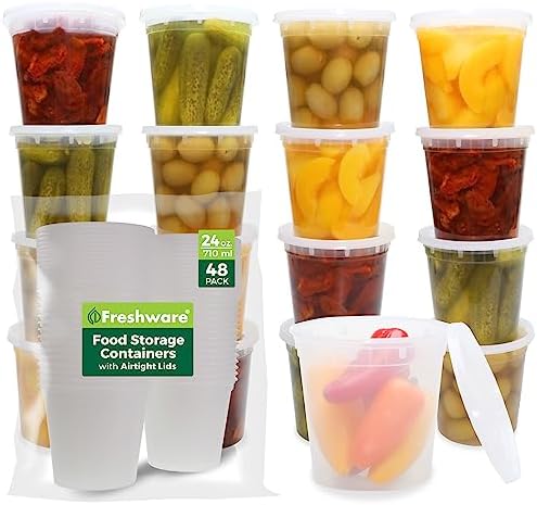Freshware Food Storage Containers 24 oz Plastic Deli Containers with Lids, Slime, Soup, Meal Prep Containers, BPA Free, Stackable, Leakproof, Microwave/Dishwasher/Freezer Safe, 48 count (pack of 1)