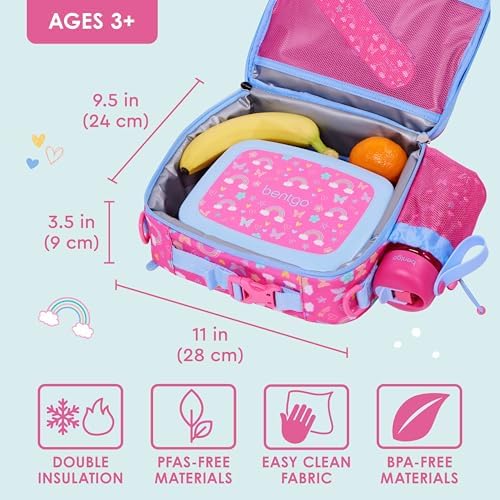 Bentgo Kids Lunch Bag - Double-Insulated, Reusable Lunch Bag for Kids 3+ with Adjustable Strap; Holds Lunch Box/Water Bottle/Snacks; Easy-Clean, Water-Resistant & Pockets (Rainbows & Butterflies)