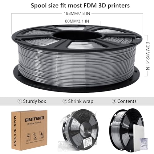 GIANTARM Silk Metallic Silver PLA 3D Printer Filament 1kg Spool, 1.75mm Dimensional Accuracy +/-0.03mm, 1080 Feet per Roll, Vacuum Packaging