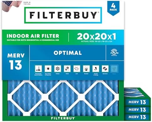 Filterbuy 20x20x1 Air Filter MERV 13 Optimal Defense (4-Pack), Pleated HVAC AC Furnace Air Filters Replacement (Actual Size: 19.50 x 19.50 x 0.75 Inches)