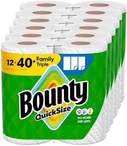 Bounty Quick-Size Paper Towels, White, 12 Family Triple Rolls = 40 Regular Rolls
