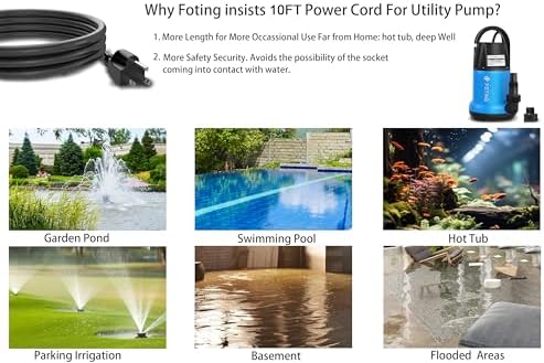FOTING Sump Pump 1HP Clean/Dirty Submersible Water Pump, 4600GPH Utility Pump Thermoplastic Electric Portable Transfer Water Pump for Swimming Pool Garden Pond Basement with 10ft Long Power Cord