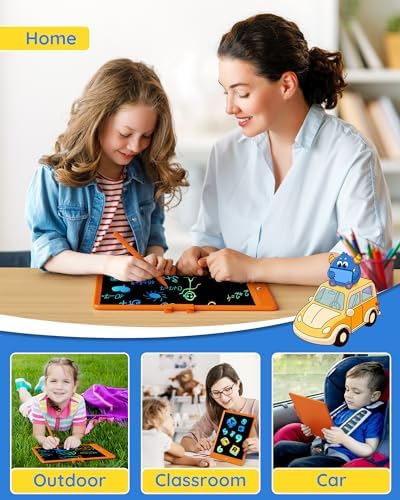 TEKFUN Toys for Girls Boys 10IN LCD Writing Tablet, Magic Doodle Board with Anti-Lost Stylus, Mess Free Coloring for Toddlers Drawing Pad, Toddler Travel Car Plane Trip Toys Gifts (Orange)