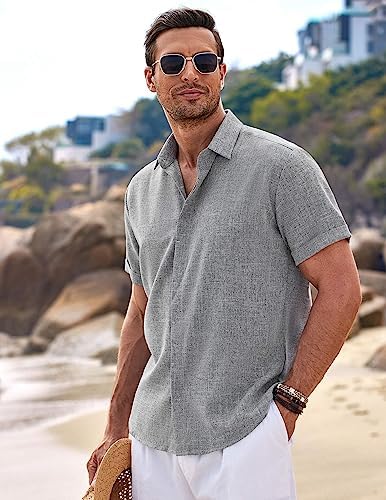 COOFANDY Men's Linen Shirts Short Sleeve Casual Shirts Button Down Shirt for Men Beach Summer Wedding Shirt