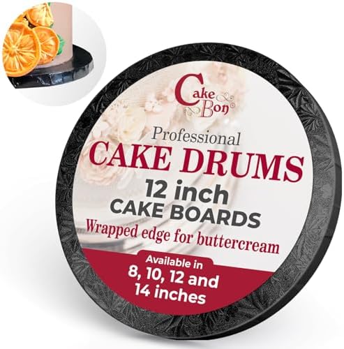 Cakebon Cake Boards - Sturdy 1/2 Thick Drums - 12 Inch Professional Fully Wrapped Edges Black 12-Pack