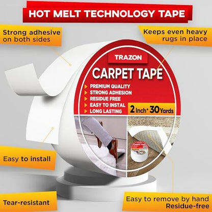 Trazon Carpet Tape Double Sided - Rug Tape Grippers for Hardwood Floors and Area Rugs - Carpet Binding Tape Strong Adhesive and Removable, Heavy Duty Stickers Tape, Residue Free (2 Inch / 30 Yards)