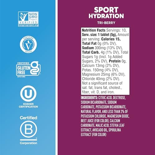 Nuun Sport Electrolyte Tablets with Magnesium, Calcium, Potassium, Chloride & Sodium, Gluten Free & Vegan, Tri-Berry, 4 Pack (40 Servings Total)