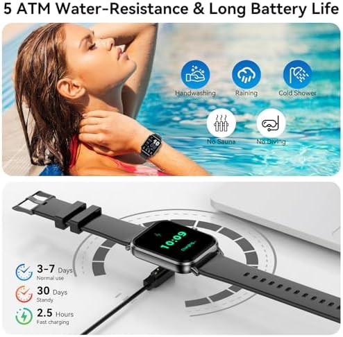 Smart Watch for Men Women, 1.83" HD Touchsreen, Bluetooth Calling, 5 ATM Water-Resistance, 130+ Sports Modes, Health, Fitness & Sleep Tracker, Timer, Fitness Watch for Android/iOS, Black