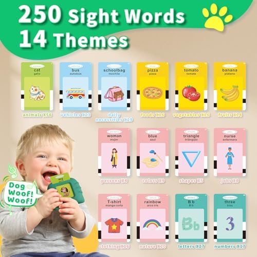 Toddler Toys Bilingual English and Spanish Talking Flash Cards for 1 2 3 4 5 6 Year Old Boys and Girls, Autism Sensory Toys for Autistic Children, Learning Educational Speech 250 Sight Words