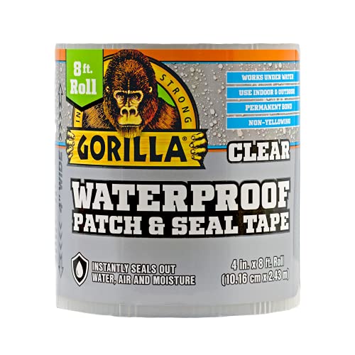 Gorilla Waterproof Patch & Seal Tape, Clear Tape, 4" x 8' (Pack of 2) - Permanent Weather Resistant Seal for Leaks and Repairs