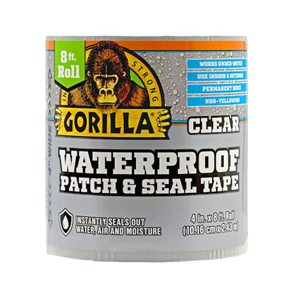 Gorilla Waterproof Patch & Seal Tape, Clear Tape, 4" x 8' (Pack of 2) - Permanent Weather Resistant Seal for Leaks and Repairs