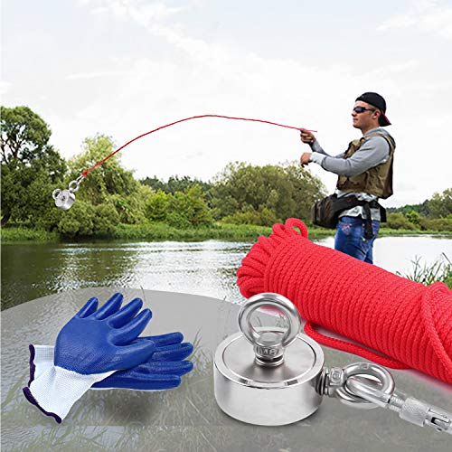 DIYMAG Strong Double Side Neodymium Fishing Magnets,750 lbs(340KG) Pulling Force Rare Earth Magnet with 20m (65 Foot) Durable Rope and Protective Gloves,for Retrieving in River and Magnetic Fish