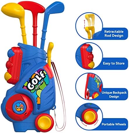 Liberry Toddler Golf Set with Putting Mat for 2 3 4 5 Years Old Boys Girls, Upgraded Kids Golf Cart with Unique Shoulder Strap Design, Indoor and Outdoor Golf Toys
