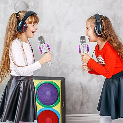 Amazmic Kids Karaoke Microphone Machine Toy Bluetooth Microphone Portable Wireless Karaoke Machine Handheld with LED Lights, Gift for Children Adults Birthday Party, Home KTV(Silver)