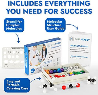 OLD NOBBY Organic Chemistry 239 Piece Model Kit - Molecular Model Kit with Atoms, Bonds, Instructional Guide, Bond Removal Tool, and Bonus Molecular Stencil