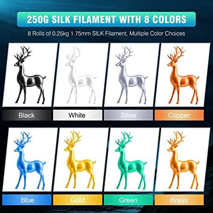 SUNLU 3D Printer Filament Bundle, PLA+ Silk Filament Multicolor 1.75mm, Individually Vacuum Packed, 250G Spool, 8 Rolls, 2kg in Total, Black+White+Light Gold+Silver+Brass+Red Copper+Blue+Green