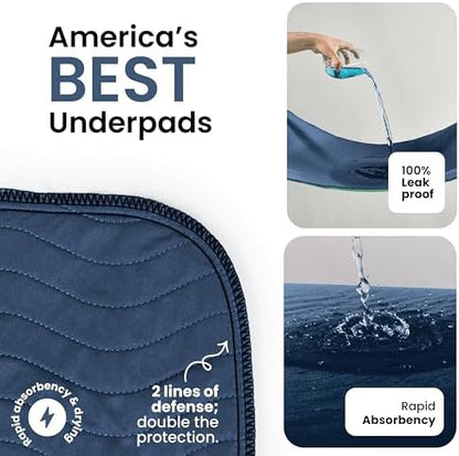 IMPROVIA® Washable Underpads 34" x 36" Pack of 4 Heavy Absorbency Reusable Bedwetting Incontinence Pads for Adults, Kids, & Pets - Waterproof Protective Pad for Bed, Couch, Sofa, Floor (Navy & Green)