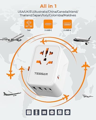 TESSAN Universal Travel Adapter Worldwide, GaN 65W International Plug Adaptor with 3 USB C 2 USB A Ports, World Power Outlet for European USA UK Australia Ireland(Type C/G/A/I)