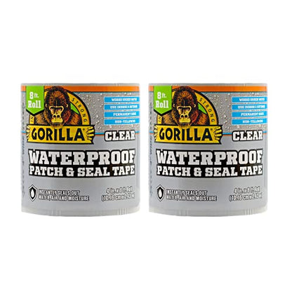 Gorilla Waterproof Patch & Seal Tape, Clear Tape, 4" x 8' (Pack of 2) - Permanent Weather Resistant Seal for Leaks and Repairs