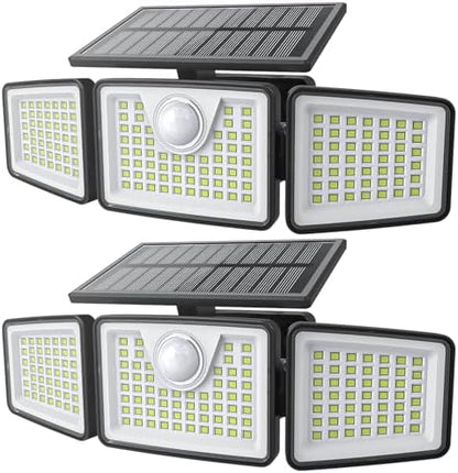 2500LM Solar Lights Outdoor with Motion Sensor,3 Head 270° Wide Angle Street Area Lights, IP65 Waterproof Security Lighting with 3 Modes(Non-Remote,2 Pcs)