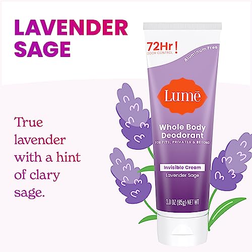 Lume Whole Body Deodorant - Invisible Cream Tube - 72 Hour Odor Control - Aluminum Free, Baking Soda Free, Skin Safe - 3.0 ounce (Pack of 2) (Lavender Sage)