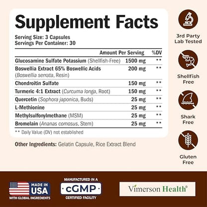 Glucosamine Chondroitin MSM and Turmeric Supplement - Joint Support Supplement for Women & Men with Boswellia & Glucosamine Sulfate 1500 mg. Used for Cartilage & Joint Health & Flexibility 90 Capsules