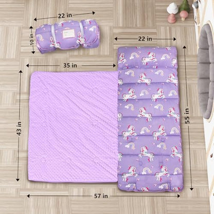 Primlect Thickened Toddler Nap Mat with Removable Pillow and Minky Blanket, Extra Large 55''x35'' Sleeping Bag, Washable, Roll up, Perfect for Daycare, Preschool, Kindergarten, Boys and Girls Unicorn