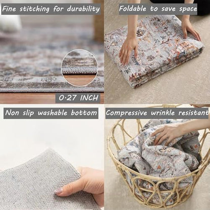 5x7 Washable Area Rug Gray Vintage Traditional Floor Cover Foldable Thin Kitchen Accent Indoor Distressed Non Slip Carpet Floral Print Mat Bedroom Living Room Bathroom