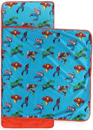 Jay Franco Toddler Nap Mat with Built-in Pillow and Blanket - Soft 46 x 20-inch Microfiber Kids Sleeping Bag for School or Sleepover, Blue - Marvel Comics
