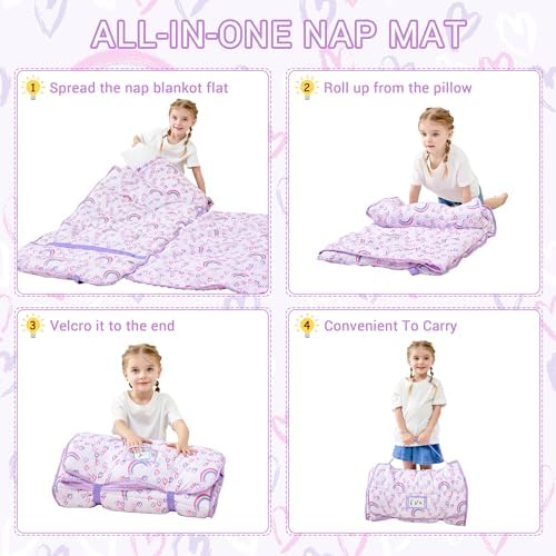 Toddler Nap Mat with Pillow and Blanket, Extra Large Rolled Napping Mats,Slumber Bags for Boys Girls,Kids Sleeping Bag for Daycare, Preschool Travel Camping