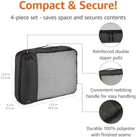 Amazon Basics Large Packing Cubes for Travel, Packing Organizers, 4-Piece-Set With Double Zipper Pulls and Mesh Top Panel, 100% Durable Polyester, Black, 17.5"L x 12.8"W x 3.3"H