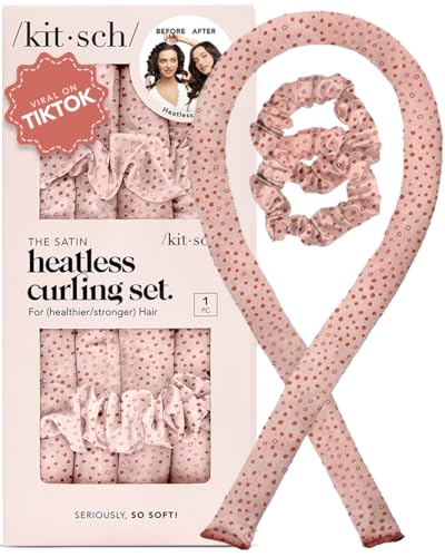 Kitsch Satin Heatless Curling Set – Heatless Hair Curler for Women, Hair Curler to Sleep In - with 2 Satin Scrunchies for Overnight Curls – No Heat Damage Styling with Heatless Curler - Micro Dot
