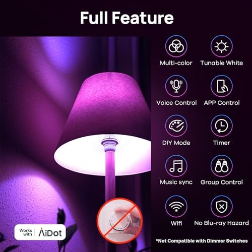 Linkind Matter Smart Light Bulb, WiFi Smart Bulbs, Work with Apple Home, Siri, Alexa, Google, SmartThings, RGTBW Color Changing Bulbs Mood Lighting, Music Sync, A19 E26 60W, 2.4Ghz WiFi 6 Pack