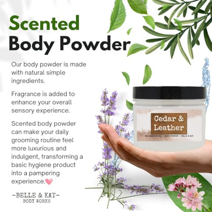 Body Powder for Men & Women Scented Cedar Leather, Perfume Dusting Powder, Bath Powder with Fragrance & Essential Oils, Talc Free 8oz Container, Made in USA