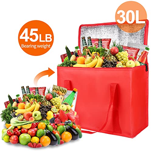 Bodaon 2-Pack Insulated Reusable Grocery Bag with Zippered Top, X-Large Insulated Food/Pizza Delivery Bag, Frozen Foods Cold, Cooler Shopping Bags, Red