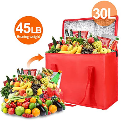 Bodaon 2-Pack Insulated Reusable Grocery Bag with Zippered Top, X-Large Insulated Food/Pizza Delivery Bag, Frozen Foods Cold, Cooler Shopping Bags, Red