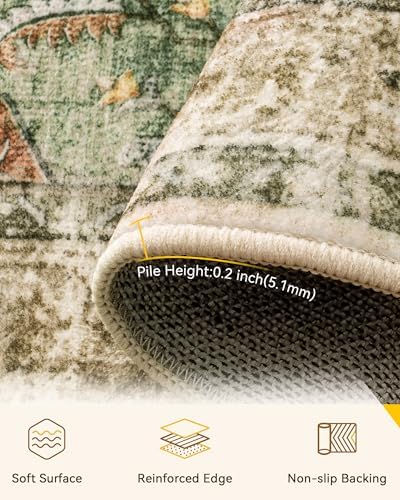 Area Rugs 5'x7' Washable Non-Slip, Floral Vintage Distress Print Pattern Medallion Carpet for Living Room Bedroom Dining Room, Brick Red Rust Neutral Brown Burnt Orange Green