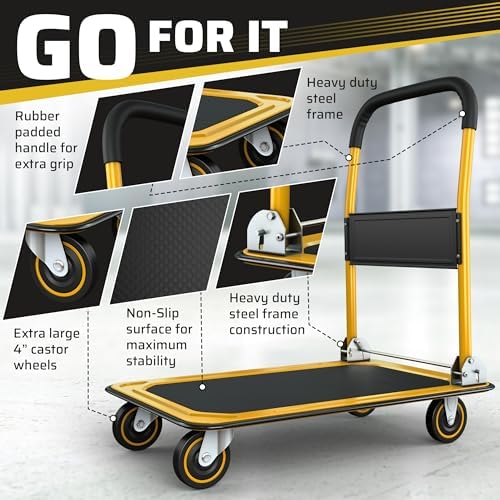 Heavy Duty Foldable Push Cart Dolly | 330 lbs. Capacity | Upgraded Collapsible Hand Truck Platform with Swivel Wheels | Flat Bed Moving Wagon | Space Saving Push Handle (Yellow)
