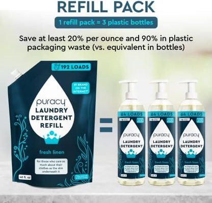 Puracy Laundry Detergent Refill - Enzyme-Powered Liquid Laundry Detergent Concentrate, Natural Laundry Detergent Seen on TikTok, Non-Toxic (Fresh Linen, 48 fl oz, 192 Loads)
