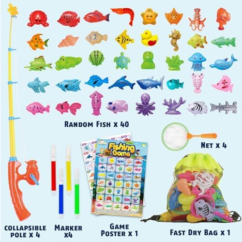 CozyBomB™ Magnetic Fishing Toys Game Set for Kids | Water Table Bathtub Kiddie Pool Party & Pole Rod Net, Plastic Floating Fish Toddler Color Ocean Sea Animals Birthday Age 3 4 5 6 Year