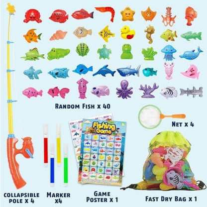 CozyBomB™ Magnetic Fishing Toys Game Set for Kids | Water Table Bathtub Kiddie Pool Party & Pole Rod Net, Plastic Floating Fish Toddler Color Ocean Sea Animals Birthday Age 3 4 5 6 Year