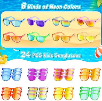 Kids Sunglasses Party Favors - Boys Girls Age 3-8 Birthday Goodie Bags Stuffers, Neon Sunglasses with UV 400 Protection for Kids Classroom Favors - 24 Packs