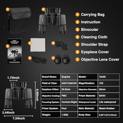 10x50 HD Binoculars for Adults High Powered, Waterproof & Compact Binoculars for Bird Watching, Hunting, Travel–Low Light Vision, Non-Slip Grip, Durable Optics