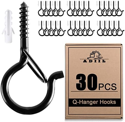 ADIIL 30 PCS Q Hanger Hooks with Safety Buckle, Windproof Screw Hooks for Hanging Outdoor String Lights, Plants, Christmas Patio Lights, 2.2 Inches, Black